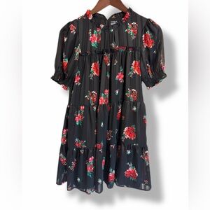 Cat & Jack Black Floral Babydoll Tiered Dress Girls XL (14) Puff Sleeve Boho